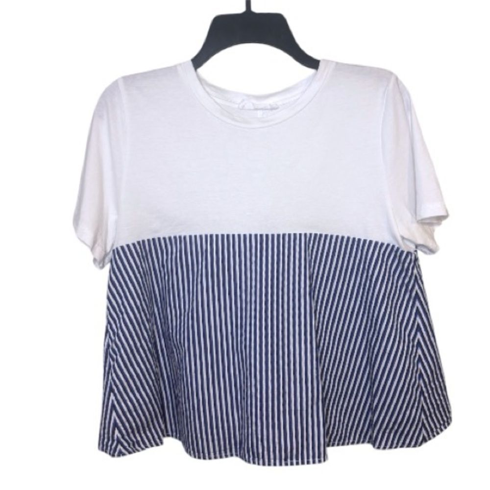 Mango MNG White & Blue Striped Tie Back Tee Size Small